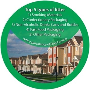 image of a row of detached houses with top 5 types of litter found listed over it