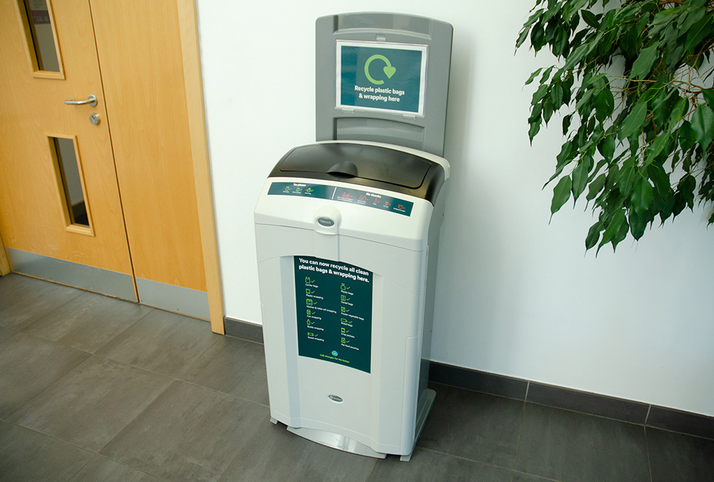 Nexus&reg; 100 Recycling Bin with personalised front graphic, top graphic and sign carrier graphic