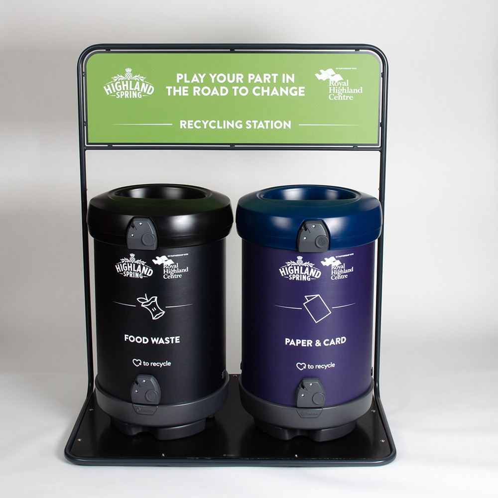 C-Thru&trade; 180 Recycling bins with personalised bin body and recycling stand graphic