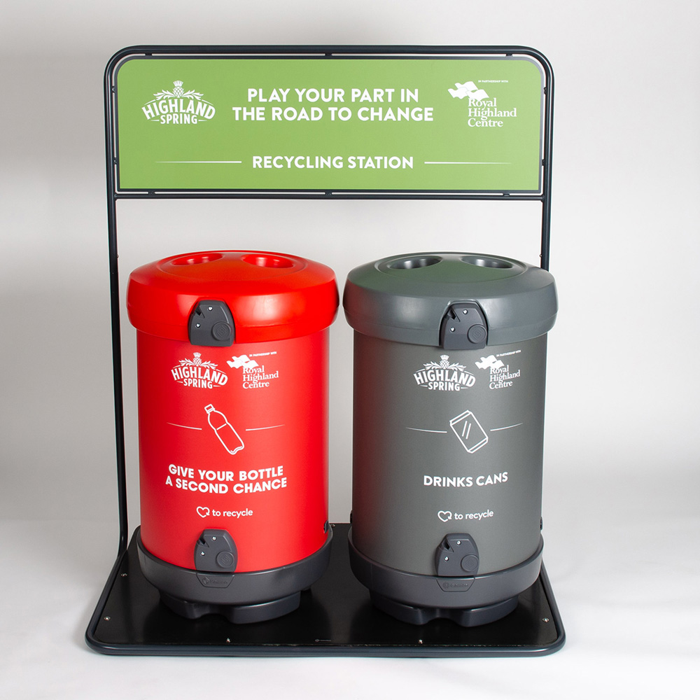 C-Thru&trade; 180 Cans/Bottles Recycling bins with personalised bin body and recycling stand graphic