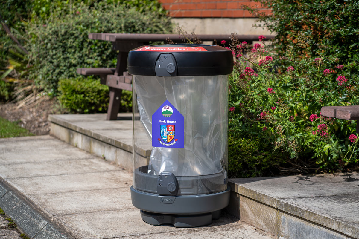 C-Thru&trade; 180 Plastic Bottle Recycling Bin with personalised front graphic