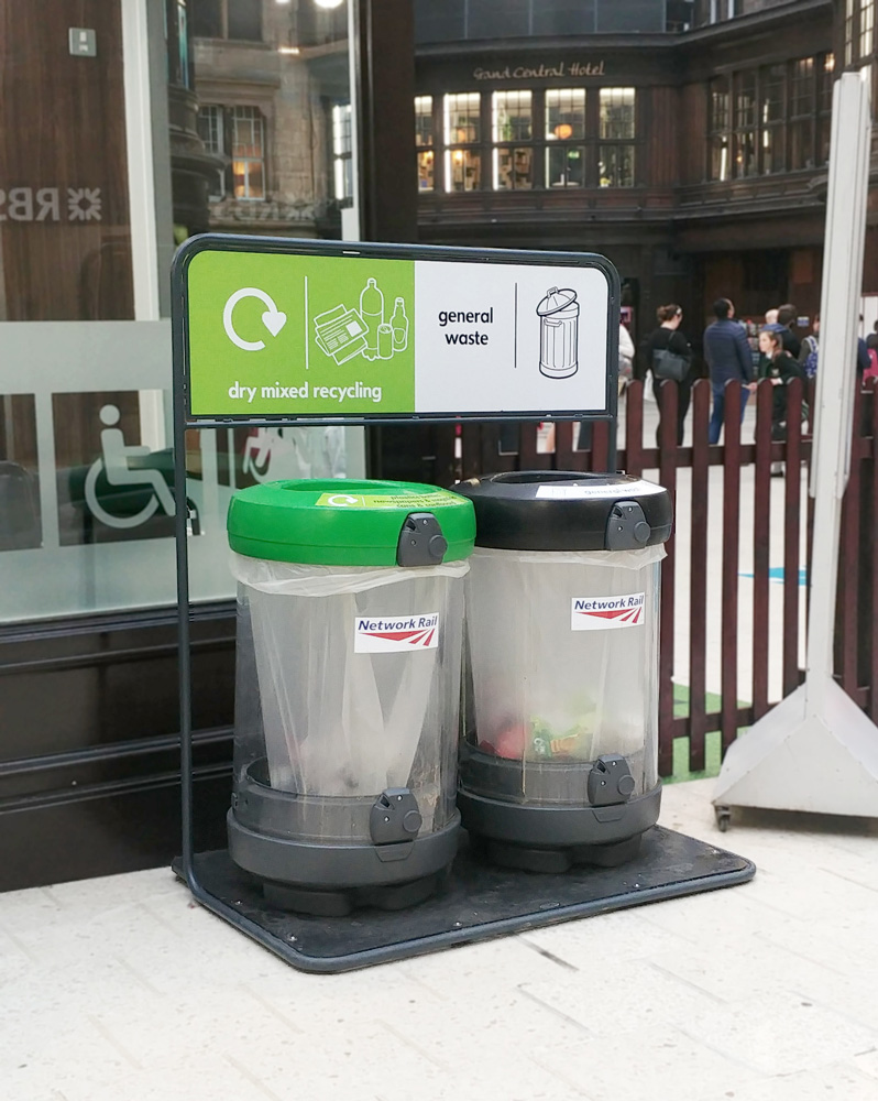 C-Thru&trade; 180 Recycling bins with personalised top aperture, front graphics and recycling stand