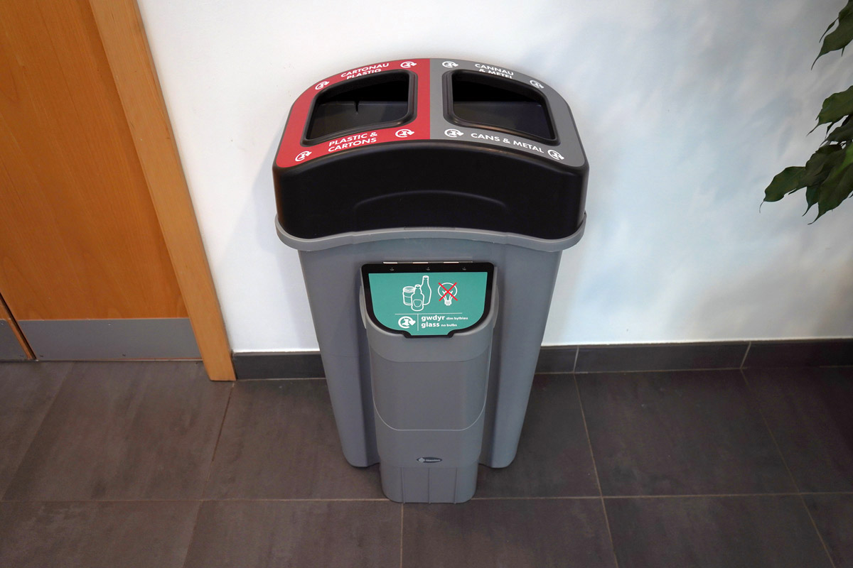 Eco Nexus&reg; Duo 85 Recycling Bin with personalised aperture and side pod graphics