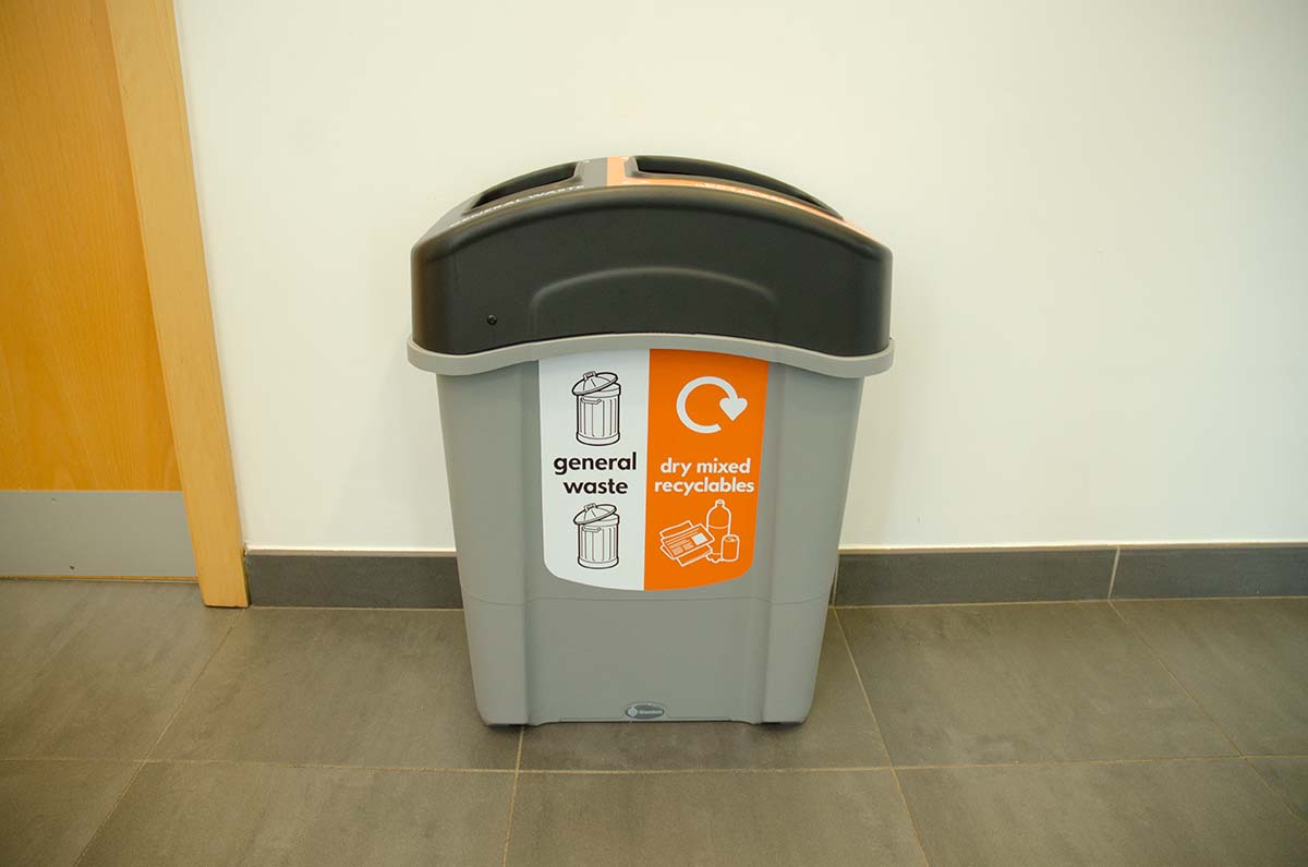 Eco Nexus&reg; Duo 60 Recycling Bin with personalised top aperture and front graphics