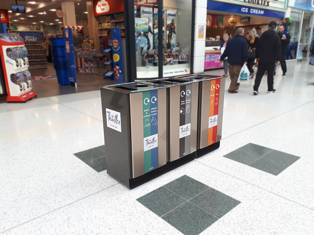 Electra&trade; 85 Duo Recycling Bin with personalised front vinyl graphics and side graphic