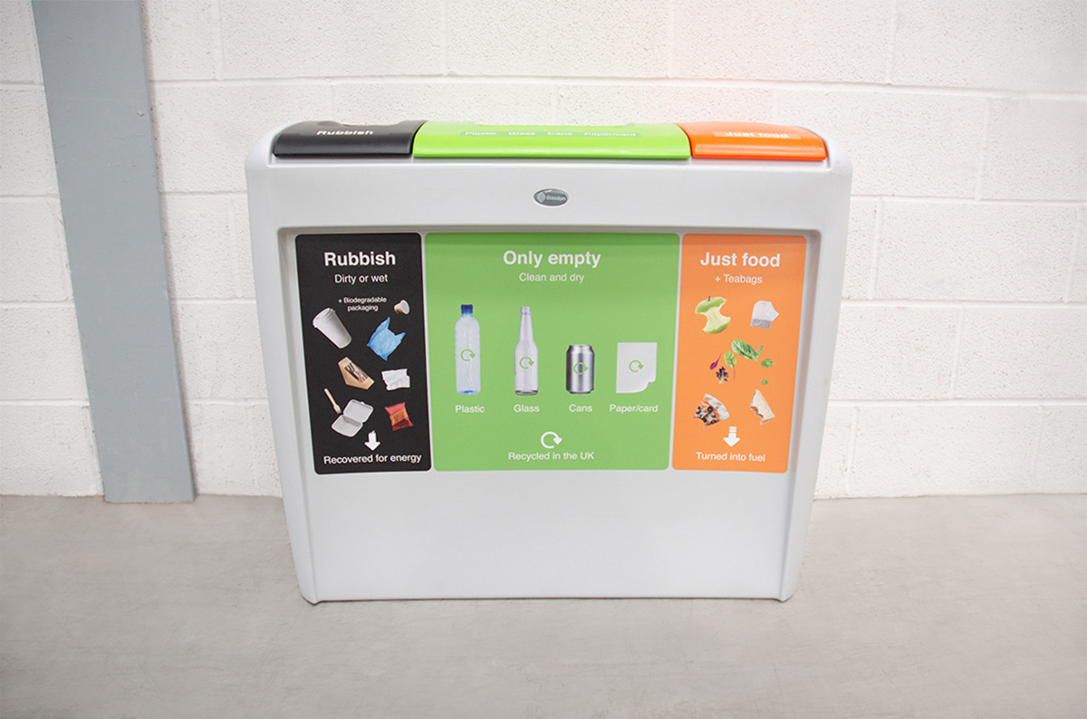 Nexus&reg; Evolution Trio Recycling Bin with personalised top aperture and front graphics
