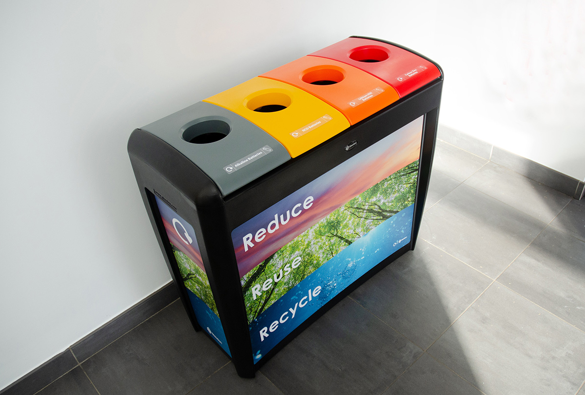 Nexus&reg; Evolution Quad Recycling Bin with full body graphics from artwork supplied by the customer