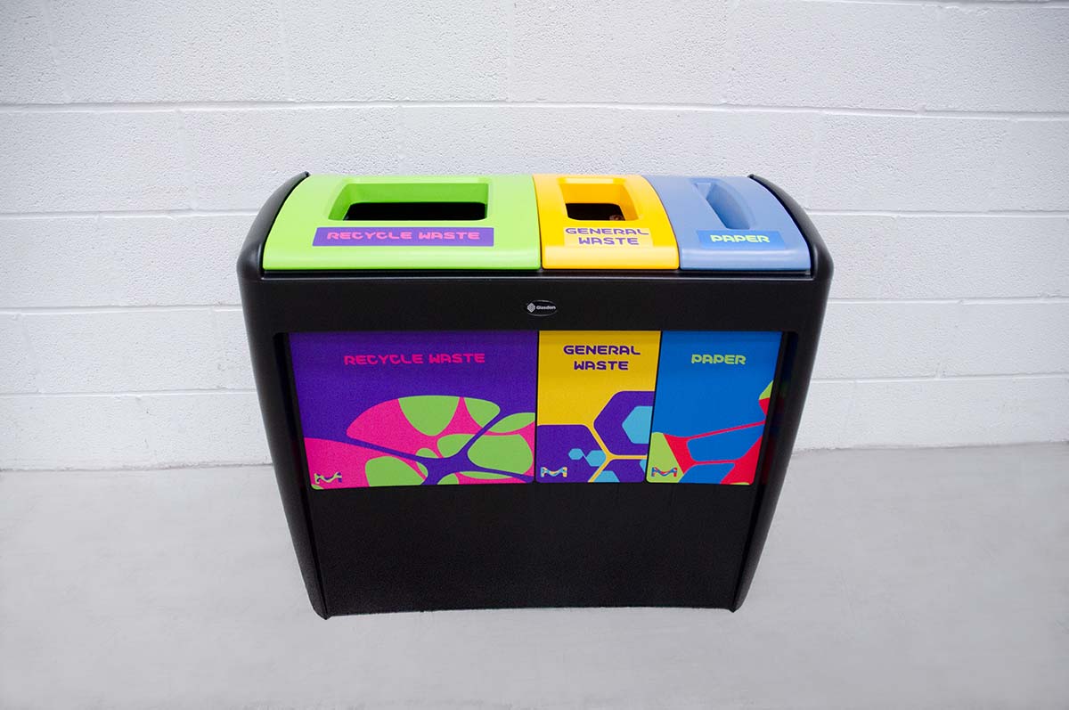 Nexus&reg; Evolution Trio Recycling Bin with personalised top aperture and front graphics