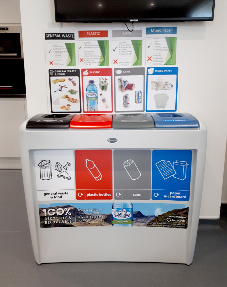 Nexus&reg; Evolution Quad Recycling Bin with personalised top aperture, sign kit and front graphics
