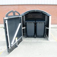 Modus 1280 Duo open with two wheelie bins inside.