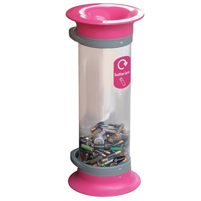 C-Thru&trade; 10L Battery Recycling Bin & Express Delivery Magenta/Black/Blue with Recycling Sticker