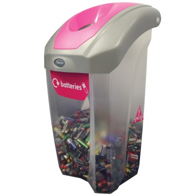 C-Thru Nexus&reg; 30 Litre Battery Recycling Bin & Express Delivery Transparent Battery Disposal Bin - Magenta Aperture & Graphic