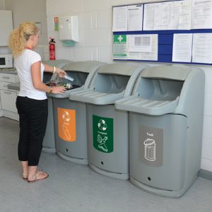 Combo with tray shelf bins together to form a recycling station in the workplace