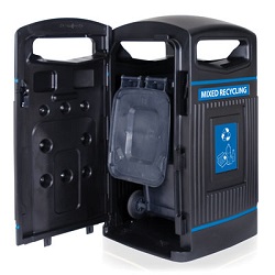 A Glasdon Jubilee 80G Mixed Recycling Bin with blue signage and a black body