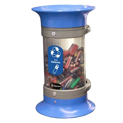 C-Thru&trade; 5Q Battery Recycling Bin with Express Shipping With Funnel Aperture & Recycling Decal - 4 Colors