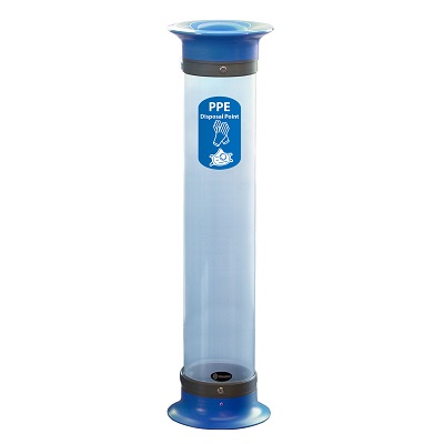 C-Thru&trade; 15Q PPE Waste Bin with Express Shipping Transparent Tube With Blue Funnel Aperture & PPE Decal