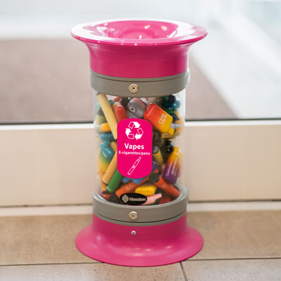 C-Thru&trade; 5Q Vape Recycling Bin Magenta Open and Funnel Apertures and Magenta Vape Decal