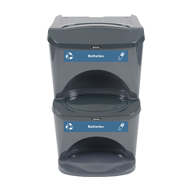 Nexus&reg; Stack 16G Battery Recycling Bin with Express Shipping - Blue Battery Decal Set Stackable 16G Battery Bin with Blue Battery Recycling Decals