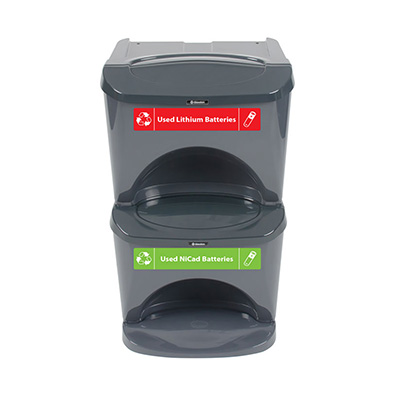 Nexus&reg; Stack 16G Battery Recycling Bin with Express Shipping - Variety Decal Set Stackable 16G Battery Bin with Variety Battery Recycling Decals